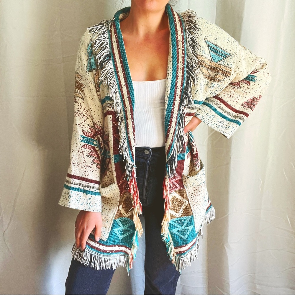 VTG Handmade Southwestern Aztec Native American Blanket Fringe Cardigan / Coat - Picture 13 of 16